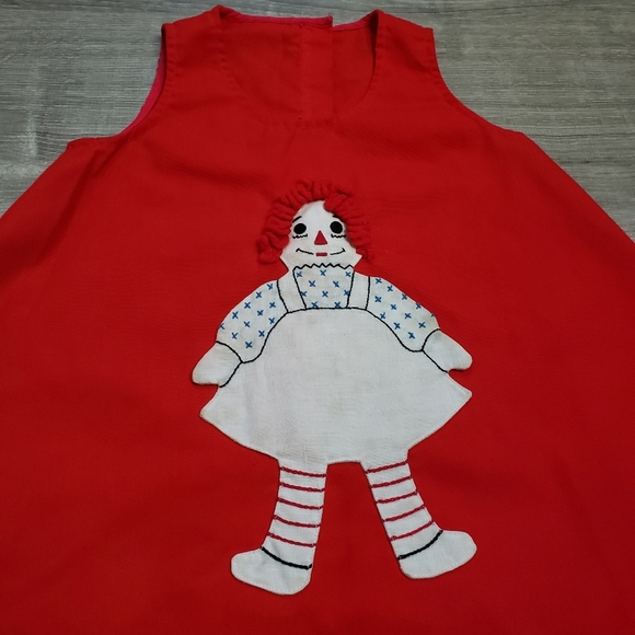 VINTAGE RAGGEDY ANN Applique Jumper Dress Red retro1960s Yarn Hair - Picture 2 of 10